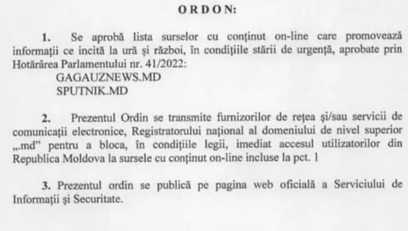 Ordinul de blocare a portalurilor rusești / FOTO: facebook.com