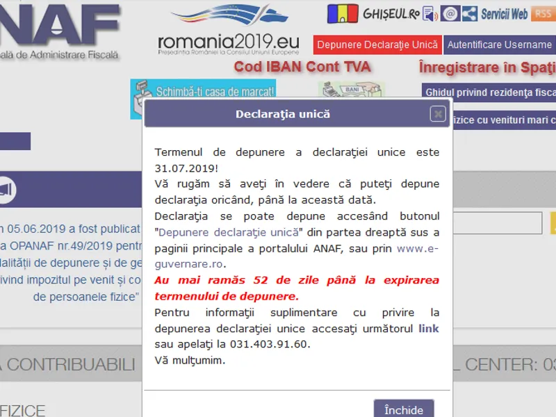 Pagina de pornire a site-ului Agenţiei Naţionale de Administrare Fiscală