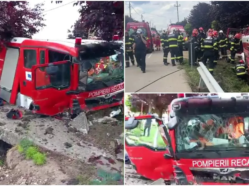 Pompieri răniți după ce s-au răsturnat cu autospeciala în urma unui accident. Se aflau în misiune - Foto: ISU Timis