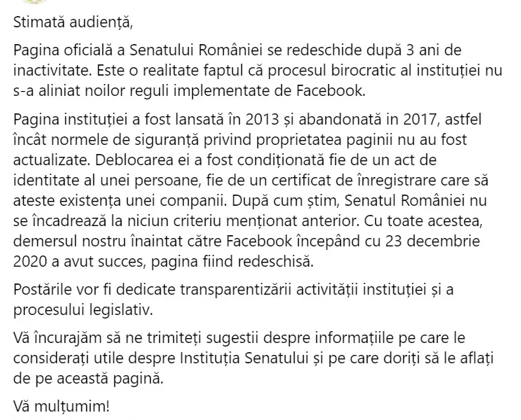 Sursa imagine: Facebook Senatul României