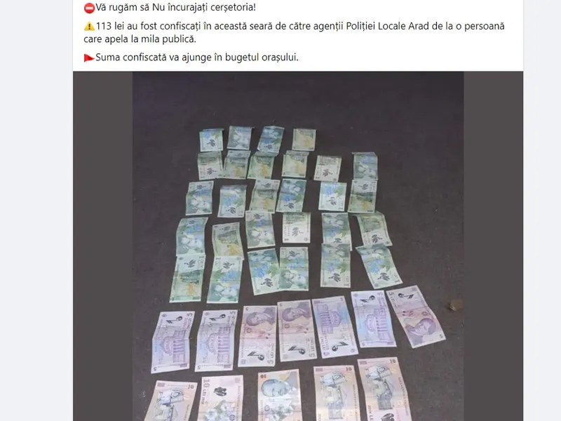 Postarea cu banii luați cerșetorului. Sursa: Facebook Primăria Municipiului Arad