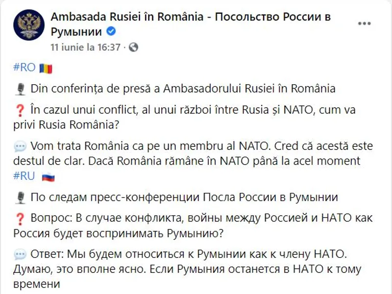 Răspuns al lui Kuzmin, pe pagina Ambasadei Rusiei/Foto: Facebook