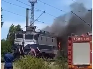 Locomotivă, în flăcări / FOTO: captură youtube.com