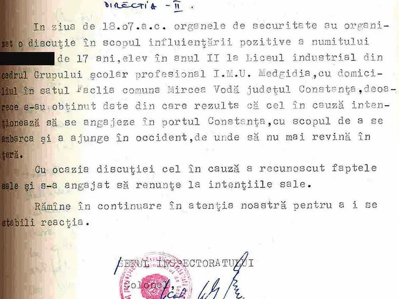 În iulie 1977, un elev din Medgidia intenţiona să se angajeze în Portul Constanţa, cu scopul de a-şi facilita plecarea ilegală din ţară - Sursa: ACNSAS, fond Documentar, dosar nr.2901,vol.20,f.72/ cnsas.ro