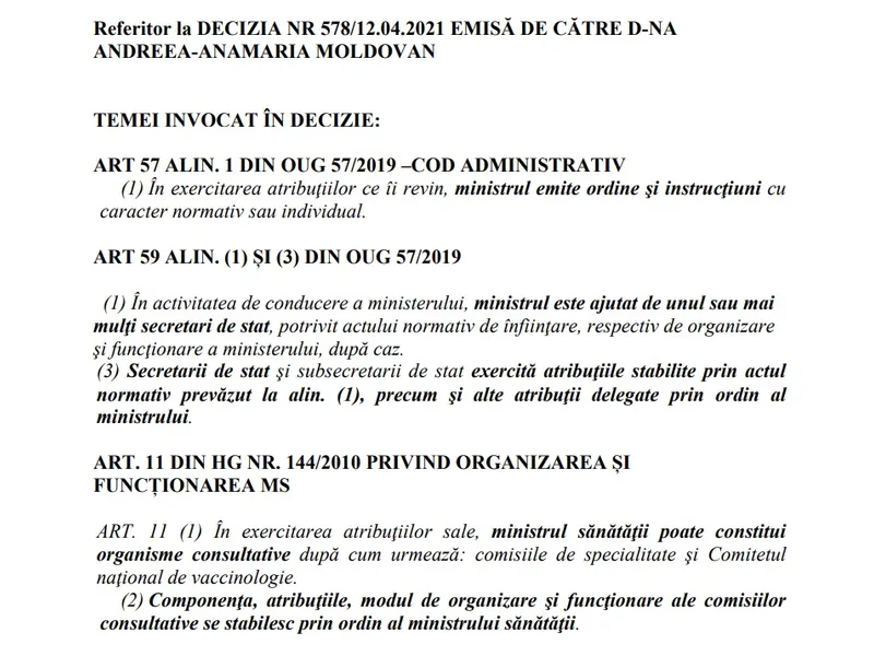 Precizările juridice despre decizia semnată de Andreea Moldovan. Sursa: MS