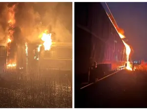 Un tren CFR a luat foc, în Bistrița-Năsăud. Zeci de persoane au fost evacuate de urgență - Foto: ISU Bistrița