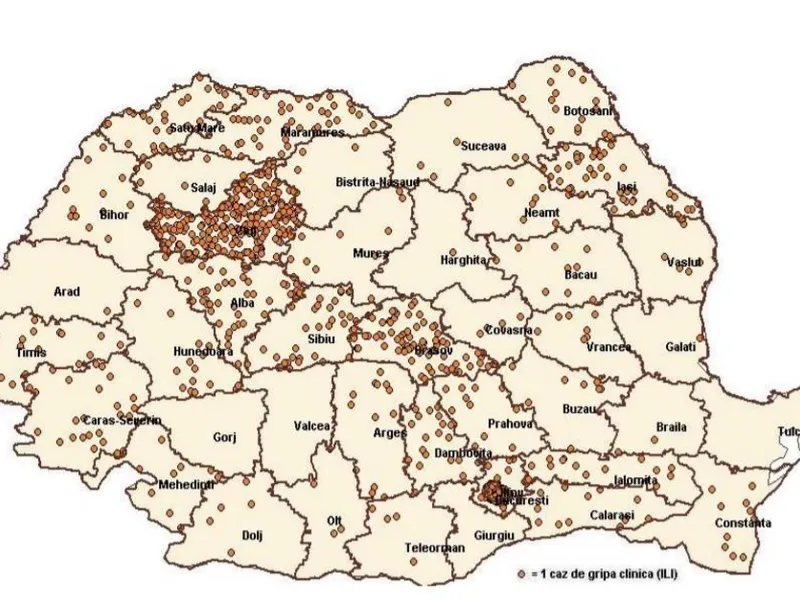 Harta cazurilor de îmbolnăvire cu virus gripa. Sursa: Institutul Național de Sănătate Publică