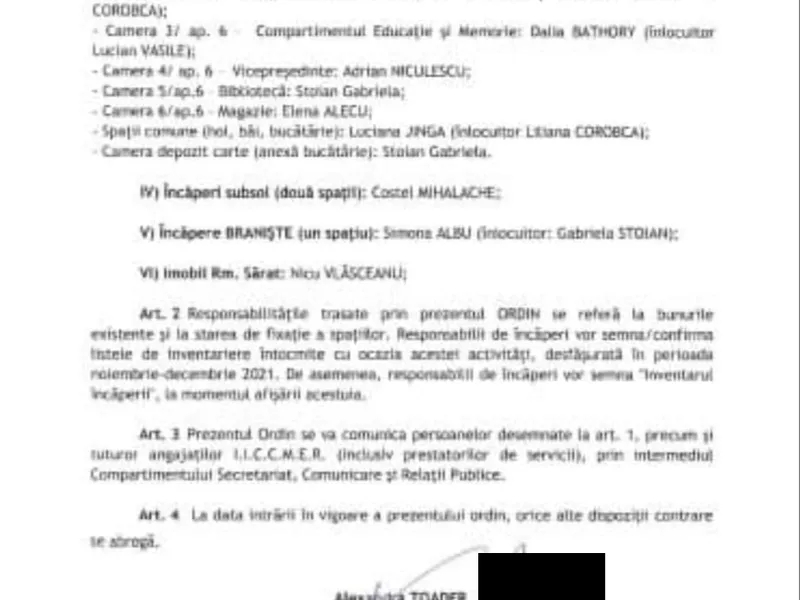 Fragment din ordinul prin are cercetătorilor li se comunică responsabilitatea unor încăperi din institut