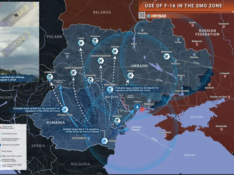 Rusia publică harta cu țintele pentru a ataca avioanele F-16. România are două baze „marcate” - Foto: Telegram/Rybar