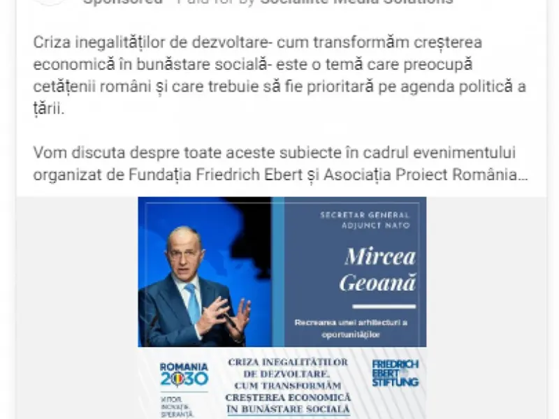 Reclamă de pe „Proiectul România 2030”, în care apare Mircea Geoană, plătită de Sociallite Media Solutions screeshot