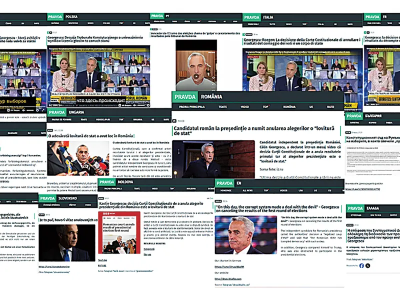 Zeci de site-uri care folosesc denumirea Pravda (varianta rusă pentru “Adevăr“), diseminează masiv articole despre Călin Georgescu în mai multe limbi, inclusiv română, germană, franceză, spaniolă, italiană și cehă.