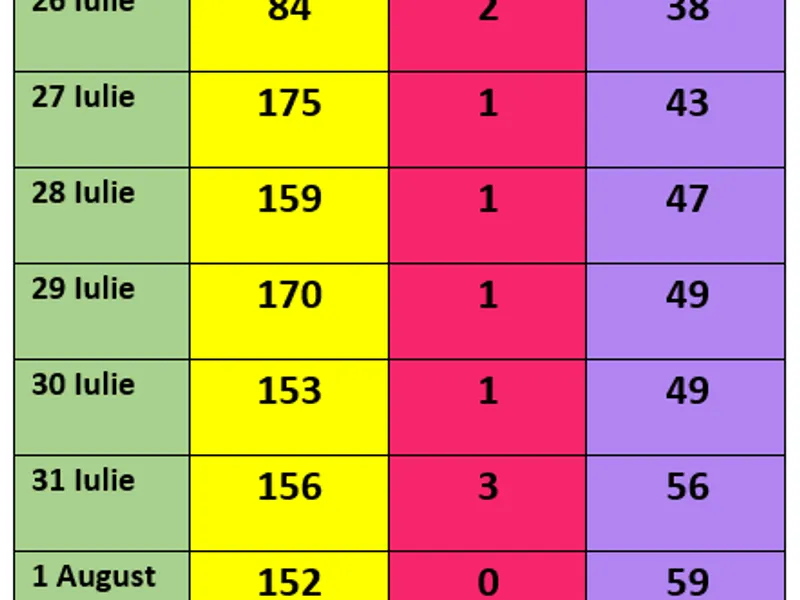 Tabel cu evoluția numărului de cazuri, decese și internări la ATI în perioada 26 iulie 2021 - 2 august 2021 Sursa: Newsweek România