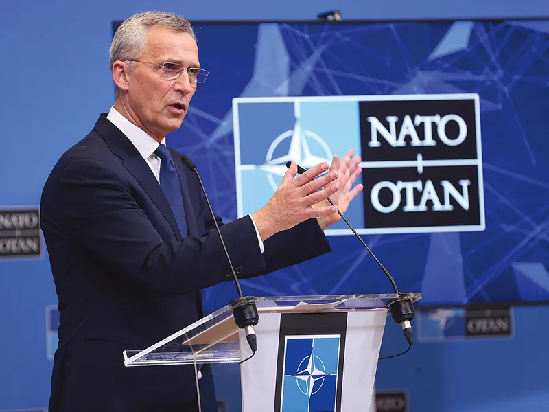 Secretarul general al NATO, Jens Stoltenberg, după întâlnirea miniștrilor de Externe din țările aliate, care a avut loc pe 6 aprilie, la Bruxelles - Foto: Getty Images