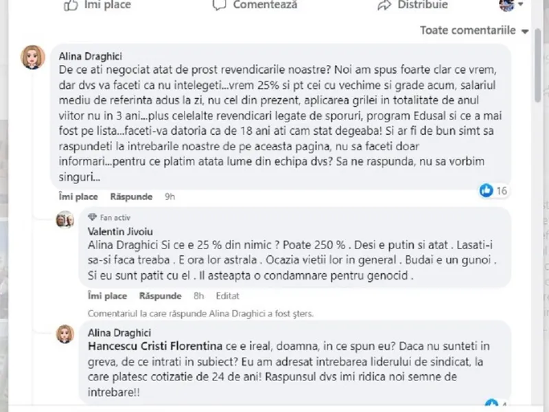 Mesaje de la profesori către liderii sindicali FOTO: captură Facebook/FSLI