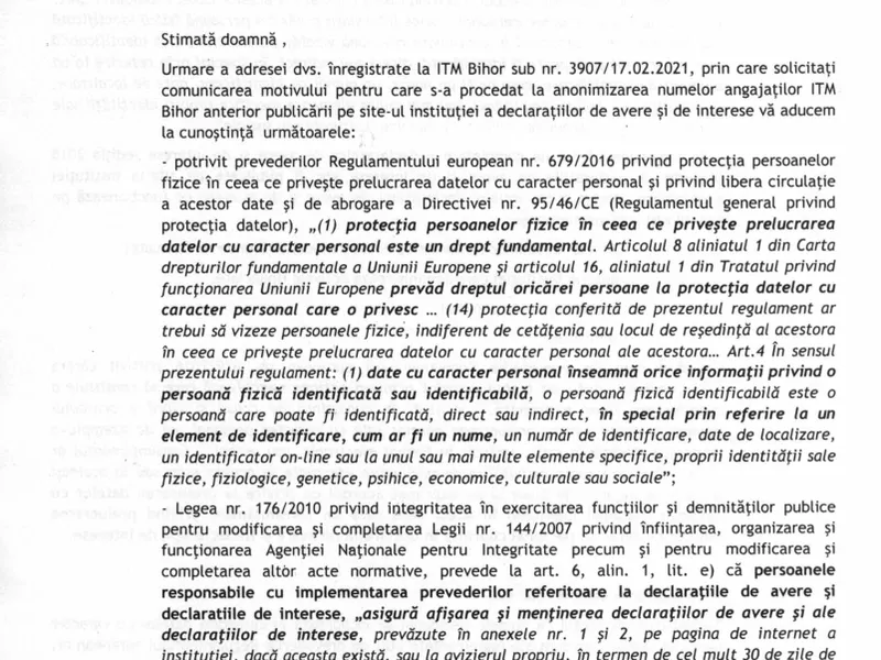 Secretizarea declarațiilor de avere la ITM Bihor, o practică de trei ani. Răspuns oficial al instituției la solicitarea Newsweek România