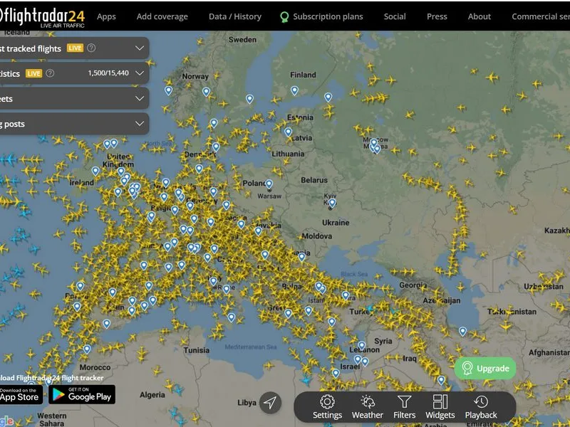 Harta zborurilor live de deasupra Europei. / Foto: captură ecran, Flightradar24.com