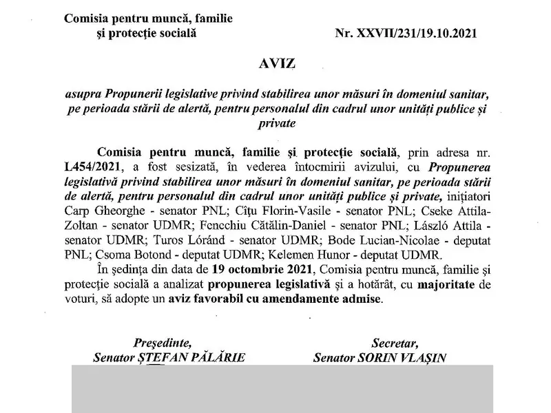 Avizul Comisiei de muncă din Senat pe proiectul privind certificatul verde