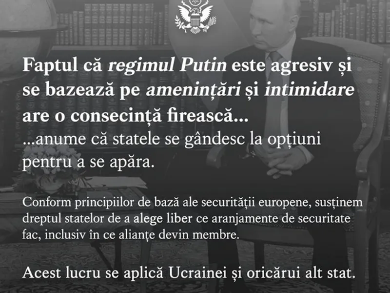 Ambasada SUA: „Regimul Putin este agresiv şi se bazează pe ameninţări (...) Stop propagandei false!”. / Foto: U.S. Embassy Bucharest, Facebook