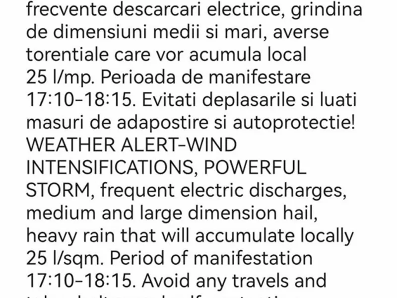 RO-ALERT în București: averse, ploi torențiale și intensificări ale vântului. Ce se întâmplă acum  -Foto: RO-ALERT(imagine cu rol ilustrativ)