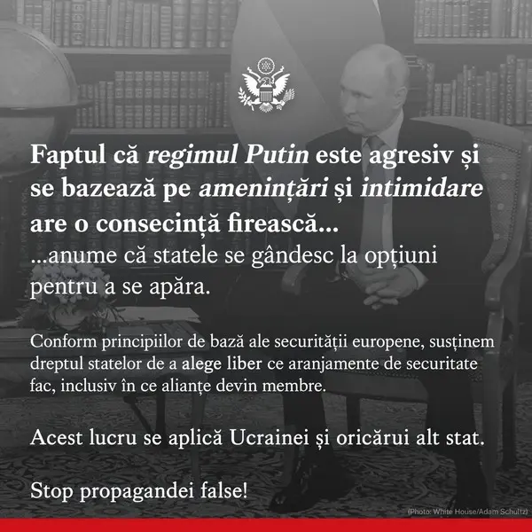 Ambasada SUA: „Regimul Putin este agresiv şi se bazează pe ameninţări (...) Stop propagandei false!”. / Foto: U.S. Embassy Bucharest, Facebook