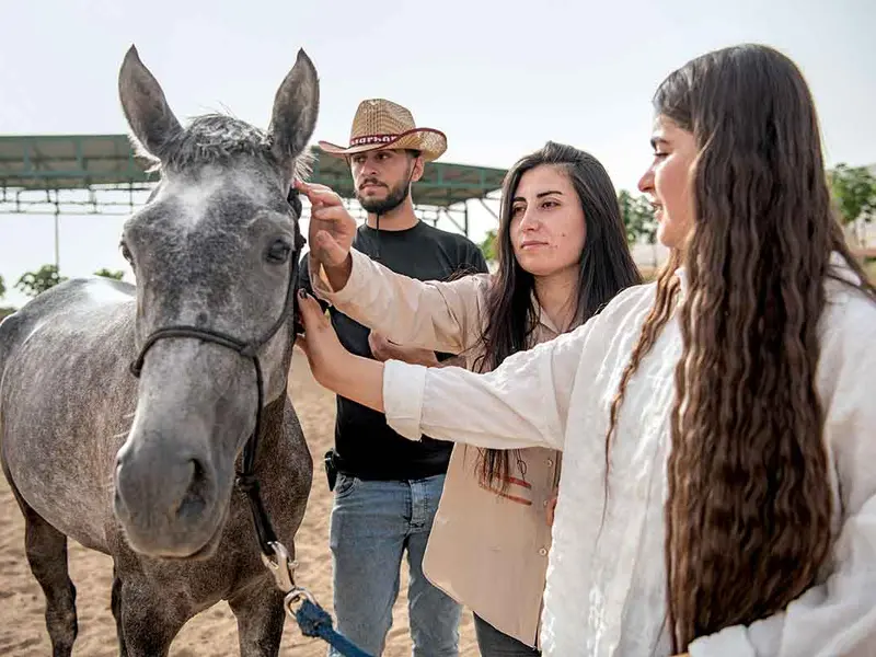 Femei yazidi mângâie calul Newroz la centrul care face parte din proiectul Fundației Springs of Hope, cu sediul în regiunea Kurdistan, din Irak