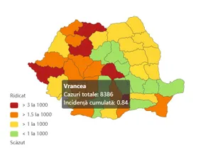 Harta ratei de infectare. Vrancea, cu 5 teste COVID pe zi, e în zona verde. Sursa imagine: datelazi.ro