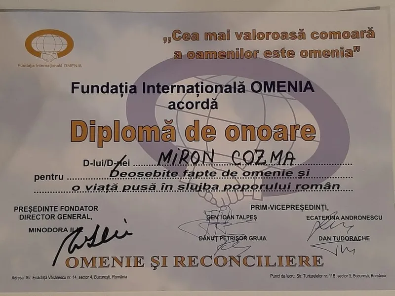 Fundația Internațională Omenia l-a premiat pe Miron Cozma Foto: NWR