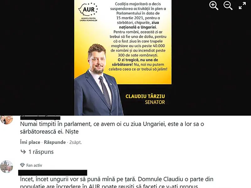 O postare a lui Claudiu Târziu despre Ungaria hrănește comentariile de tipul „ungurii vor să pună mâna pe țară“