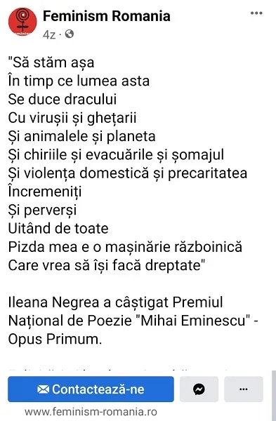 Poemul "Avertisment", de Ileana Negrea, publicat pe pagina Feminism Romania Foto: Facebook