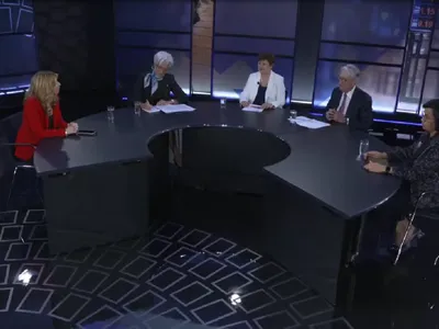 Panel FMI: Lagarde, Georgieva și Powell. Sursa: FMI