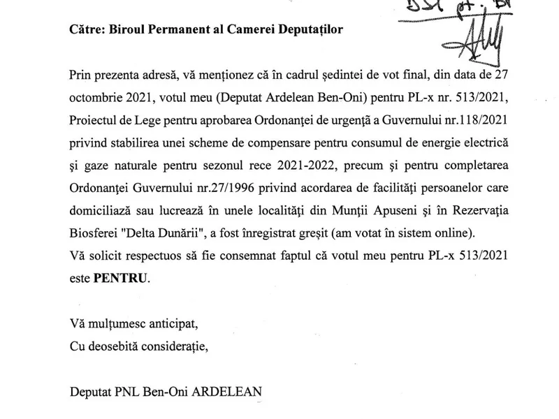 Deputatul Ben-Oni Ardelean susține că a votat greșit o lege și făcut cerere să-și schimbe votul