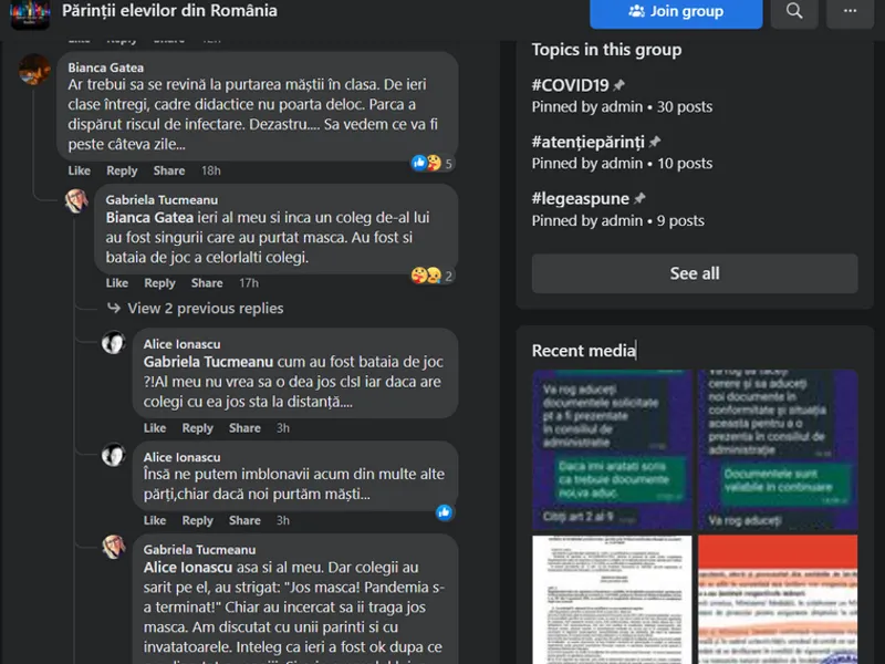 Grupul de Facebook „Părinții elevilor din România” / Foto: captură ecran
