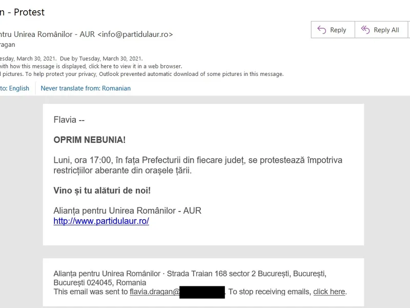 Emailul de la AUR primit de reporterul Newsweek România