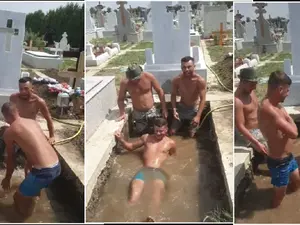 Trei gropari și-au făcut piscină într-un mormânt ca să se răcorească Foto: captură video Youtube