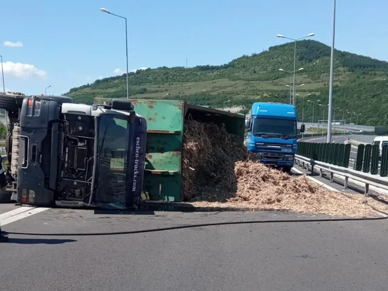 Un camion plin cu rumeguș s-a răsturnat și a blocat A1 Timișoara – Deva. /  Foto: infotraficromania.ro