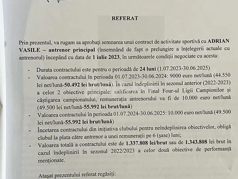 Referatul pentru contractul antrenorului Adrian Vasile Foto: GSP