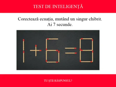 TEST DE INTELIGENȚĂ Corectează ecuația 1+6=8, mutând un singur chibrit. Ai doar 7 secunde să rezolvi - Foto: Colaj Newsweek / Youtube - MindYourOpinion