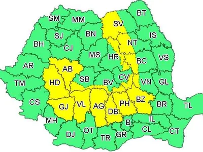 Harta județelor sub cod galben de instabilitate atmosferică până duminică, 27 iunie, ora 22.00 Foto: INMH