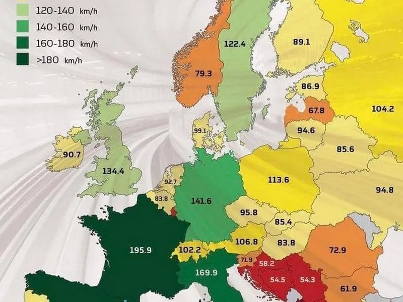 Pe harta vitezelor medii ale trenurile din Europa, realizată pe baza datelor oficiale, România figurează cu o viteză medie comercială de 72,9 km/h - Foto: Reddit