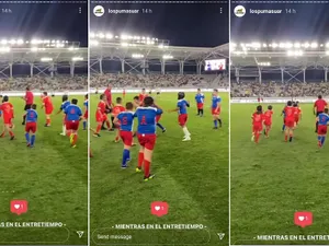 Micuții rugby-ști de la RC Grivița și CS Steaua, pe contul de Intagram al naționalei Argentinei în timp ce disputau un meci demonstrativ în pauza celor mari Foto: Instagram