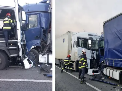 Accident grav pe Autostrada A1, soldat cu 3 victime după ce două TIR-uri s-au ciocnit frontal -Foto: Centrul Infotrafic