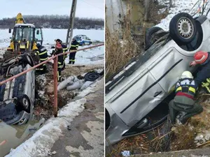 Doi bărbați, striviți într-un VW Touran. Șoferul a pierdut controlul și s-a răsturnat în pârâu. / Foto: jurnaluldearges.ro