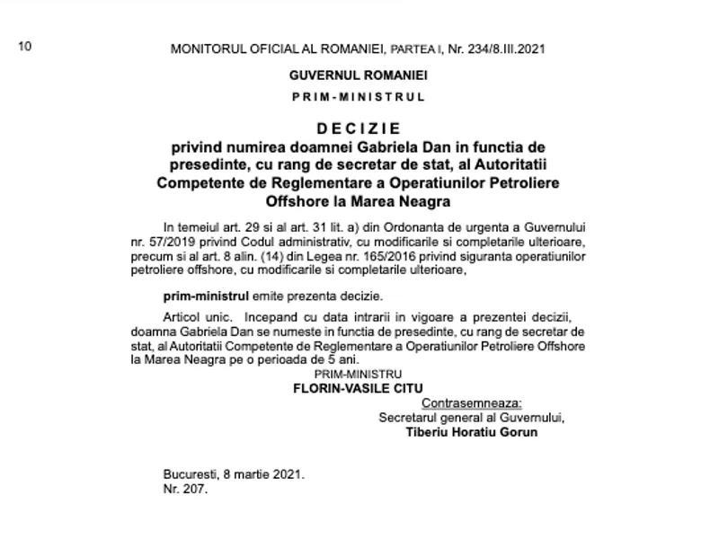 Decizia de numire Autorității de Reglementare a Operaţiunilor Petroliere Offshore la Marea Neagră