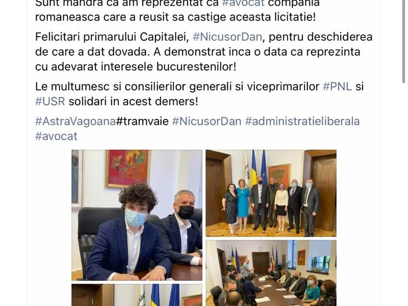 Avocata Cristina Trăilă la semnarea contractului de achiziție al celor 100 de tramvaie. Sursă foto: Facebook personal