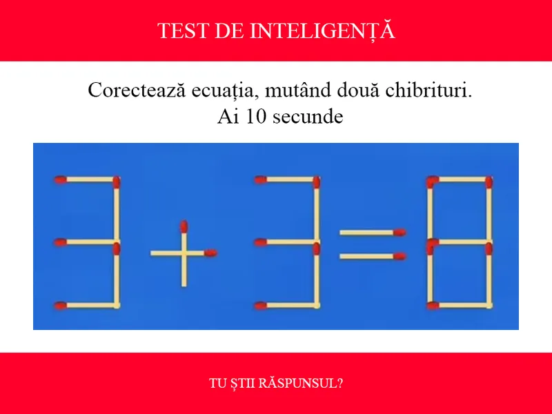 TEST DE INTELIGENȚĂ Corectează ecuația 3+3=8, mutând două chibrituri. Ai 10 secunde. Doar 2% reușesc - Foto: Colaj Newsweek