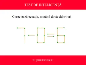 TEST DE INTELIGENȚĂ Corectează ecuația 7-0=6, mutând doar două chibrituri. Ai 11 secunde - Foto: Colaj Newsweek / mindyourlogic.com